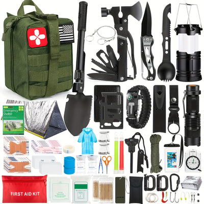 Survival Kit, 320pcs Survival Emergency Gear And Supplies with First Aid Kit Pouch, Emergency Kit with Tent, Camping Axe Hammer, Survival Shovel for Earthquake, Outdoor Adventure, Hiking, Hunting, Great Gift Idea for Men Wome