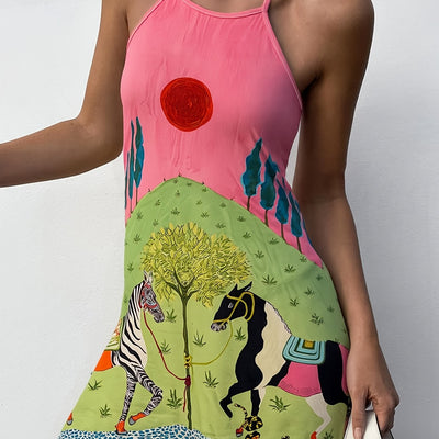 Women'S Summer Zebra Print Halter Neck Dress - Cute, Elegant Off-Shoulder Mini Dress with Vibrant Sun and Horse Illustration, Lightweight Polyester Fabric, Perfect for Casual or Vacation Wear, Casual Summer Dress | Playful Pr