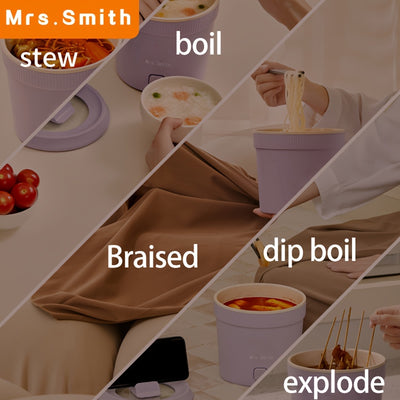 Mrs. Smith 6.3-Inch Electric Hot Pot with Mobile Phone Holder - 1L Capacity, Fast Heating 400W, Dual Temperature Control, Non-Stick, PP Material, Ideal for Frying, Stewing & Instant Noodles - Purple, Portable Hot Pot