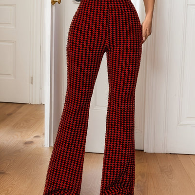 Women'S Fashion Houndstooth Flare Leg Pants, High Waist Elastic Waistband, Knit Polyester Fabric, 95% Polyester 5% Elastane, 180g/m², Casual Bell Bottoms for Spring/Summer/Fall