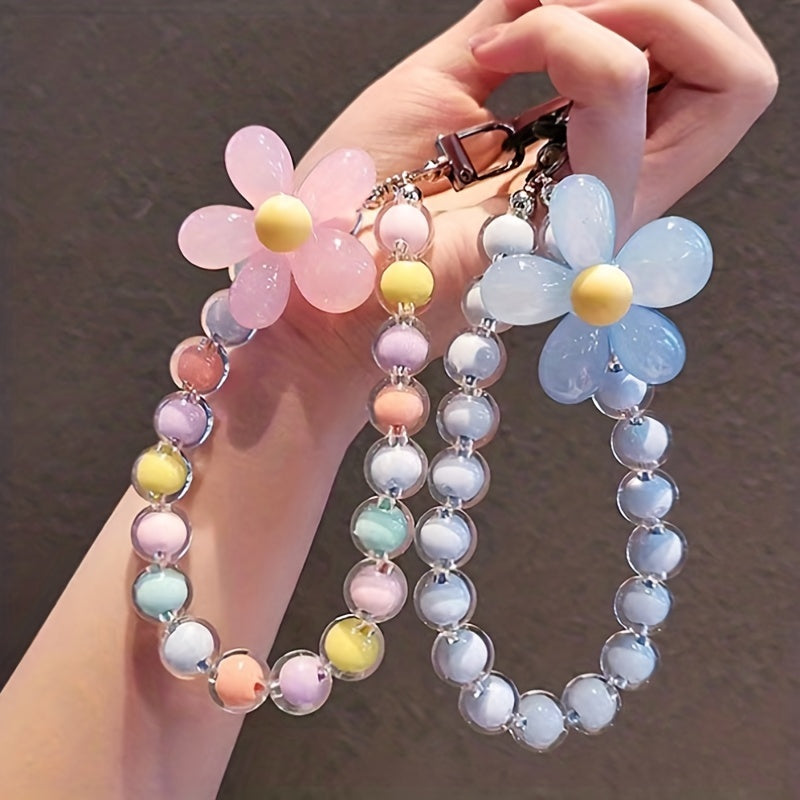 Handmade Flower Macaron Colorful Beaded Wrist Strap Mobile Phone Lanyard