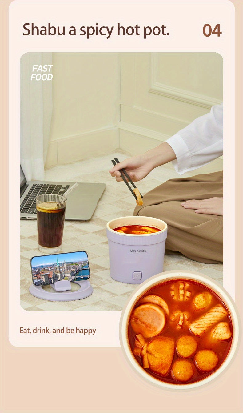 Mrs. Smith 6.3-Inch Electric Hot Pot with Mobile Phone Holder - 1L Capacity, Fast Heating 400W, Dual Temperature Control, Non-Stick, PP Material, Ideal for Frying, Stewing & Instant Noodles - Purple, Portable Hot Pot