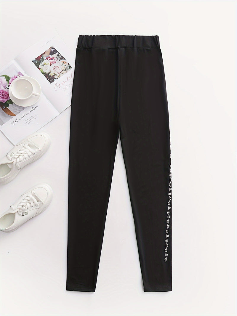 Rhinestone Skinny Pants, Casual Elastic Waist Every Day Pants, Women&