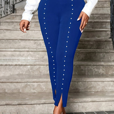 [Pearl Pants] Elegant High-Waisted Plus Size Flared Leg Pants | Women's Pearl-Embellished Elastic Waist Spring-Summer Fashion