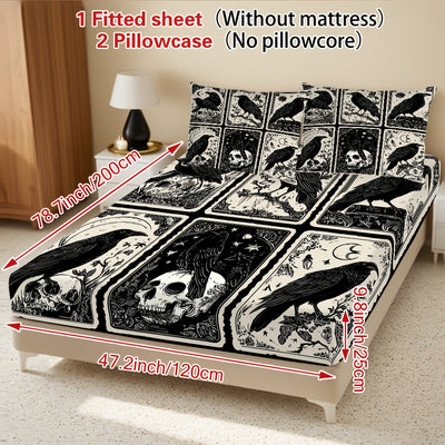 3pcs Gothic Raven Tarot Bedding Set - Deep Pocket Fitted Sheet & 2 Pillowcases, Black & White Raven Print with Tarot Card Motifs, Soft Breathable Fabric, Machine Washable, All-Season Comfort for Queen/King Size Beds, Gothic B