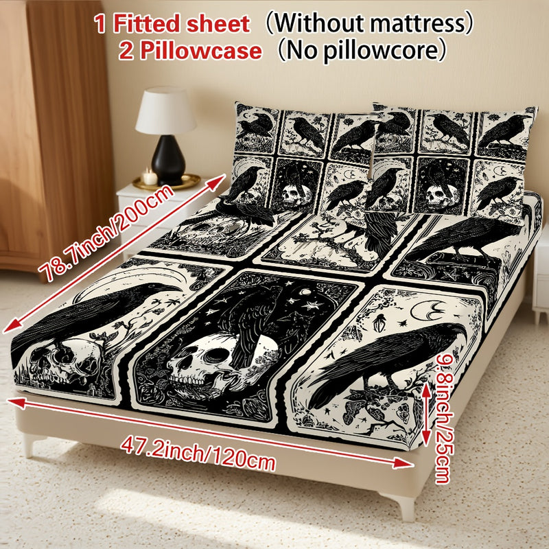 3pcs Gothic Raven Tarot Bedding Set - Deep Pocket Fitted Sheet & 2 Pillowcases, Black & White Raven Print with Tarot Card Motifs, Soft Breathable Fabric, Machine Washable, All-Season Comfort for Queen/King Size Beds, Gothic B
