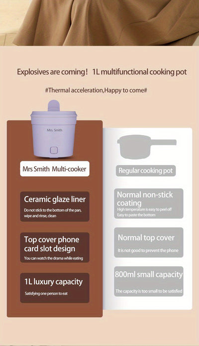 Mrs. Smith 6.3-Inch Electric Hot Pot with Mobile Phone Holder - 1L Capacity, Fast Heating 400W, Dual Temperature Control, Non-Stick, PP Material, Ideal for Frying, Stewing & Instant Noodles - Purple, Portable Hot Pot