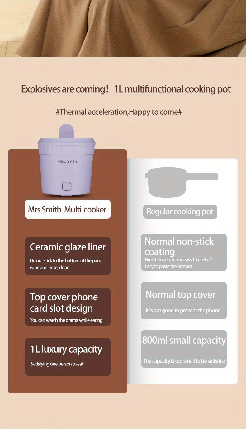 Mrs. Smith 6.3-Inch Electric Hot Pot with Mobile Phone Holder - 1L Capacity, Fast Heating 400W, Dual Temperature Control, Non-Stick, PP Material, Ideal for Frying, Stewing & Instant Noodles - Purple, Portable Hot Pot