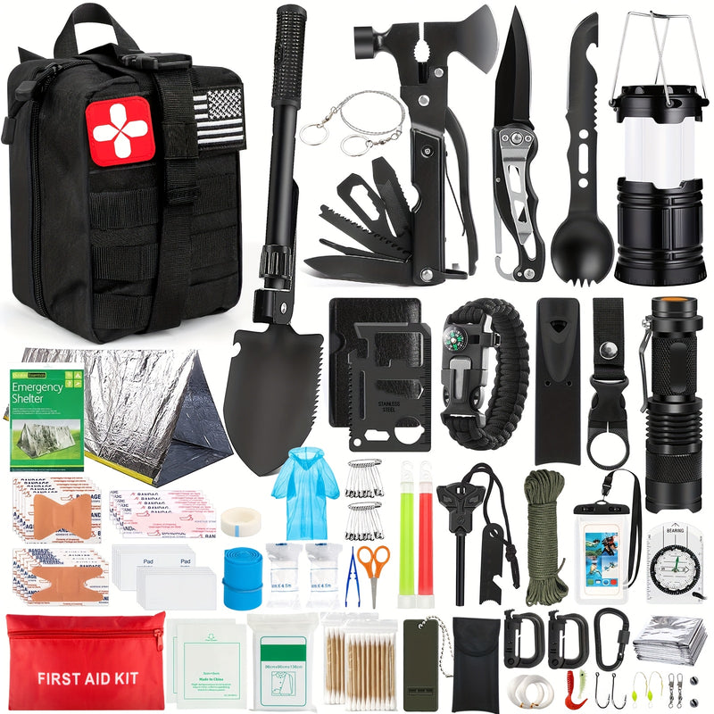 Survival Kit, 320pcs Survival Emergency Gear And Supplies with First Aid Kit Pouch, Emergency Kit with Tent, Camping Axe Hammer, Survival Shovel for Earthquake, Outdoor Adventure, Hiking, Hunting, Great Gift Idea for Men Wome