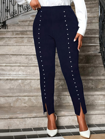 [Pearl Pants] Elegant High-Waisted Plus Size Flared Leg Pants | Women's Pearl-Embellished Elastic Waist Spring-Summer Fashion