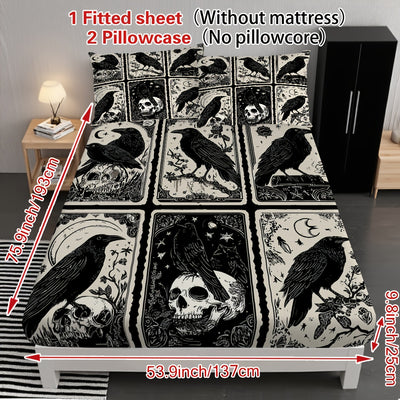 3pcs Gothic Raven Tarot Bedding Set - Deep Pocket Fitted Sheet & 2 Pillowcases, Black & White Raven Print with Tarot Card Motifs, Soft Breathable Fabric, Machine Washable, All-Season Comfort for Queen/King Size Beds, Gothic B