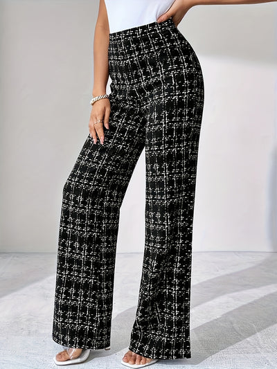 Women'S Elegant High-Waist Plaid Pants - Stretchy Black and White Check Pattern, Wide Leg, Comfortable Fit for Spring/Summer/Fall, Machine Washable, High Waisted Leggings