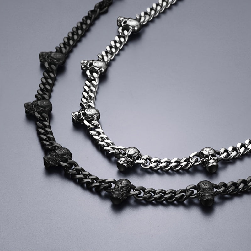[Gothic Skull Necklace] Gothic Skull Necklace Collar - Black Stainless Steel Cuban Spliced Necklace with 7 Skulls, 9mm Width, Perfect for Halloween, Daily Wear, Music Festivals & Bar Accessories, Skull Jewelry