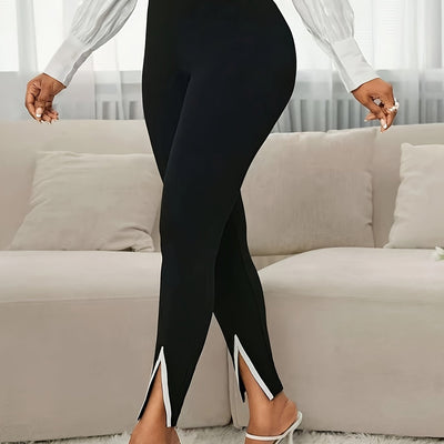 Elegant Color Block Split Crop Pants - Black & White, High-Waisted with Belt Loops, Stylish Adult Fashion, Allseason Wear, Fashionable Pants|Stylish Crop Pants|Highwaisted Pants