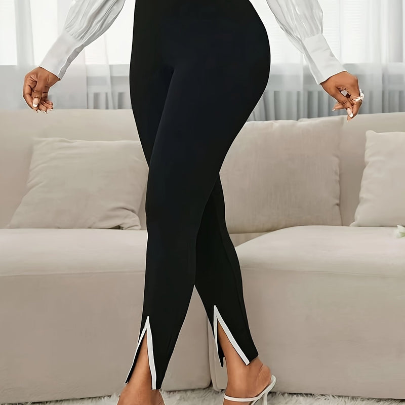 Elegant Color Block Split Crop Pants - Black & White, High-Waisted with Belt Loops, Stylish Adult Fashion, Allseason Wear, Fashionable Pants|Stylish Crop Pants|Highwaisted Pants