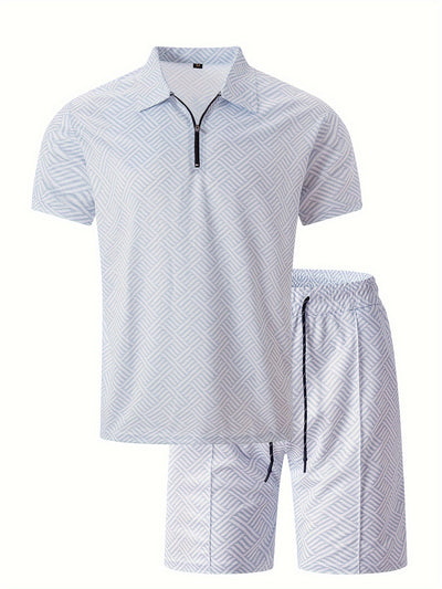 Mens 2Pcs Casual Summer Set - Breezy Short Sleeve Shirt with Matching Drawstring Shorts - Ideal for Vacation & Workout