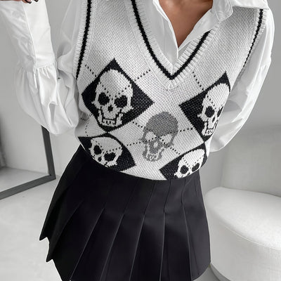 Women's Gothic White V-Neck Sleeveless Skull Sweater Vest - Black & White Cardigan with Skull Pattern, Layered Blazer-like Jacket for Spring Summer Fall, Casual & Themed Events (Hand Wash/Dry Clean)