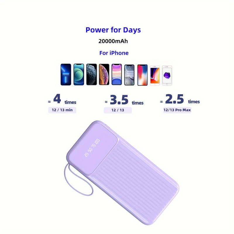 Universal Portable Phone Charger, Built-in Cable Large Capacity 20000mAh Mobile Power Supply, Easy And Fast USB Battery Pack External Phone Charger, Suitable For Samsung, IPhone, IPad, Etc