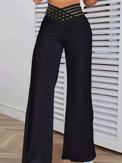 Women's High-Waisted Flared Pants with Cross-Over Mesh Panels - Navy Blue 100% Polyester, Machine Washable Elegant Casual & Formal Trousers for All Seasons