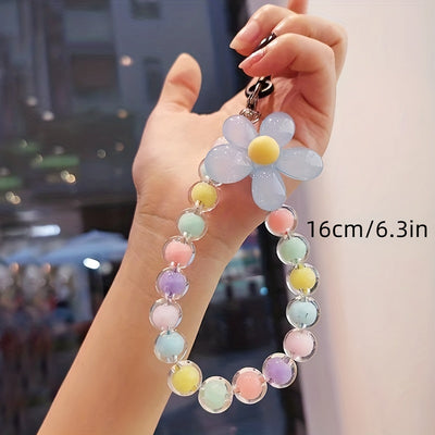 Handmade Flower Macaron Colorful Beaded Wrist Strap Mobile Phone Lanyard