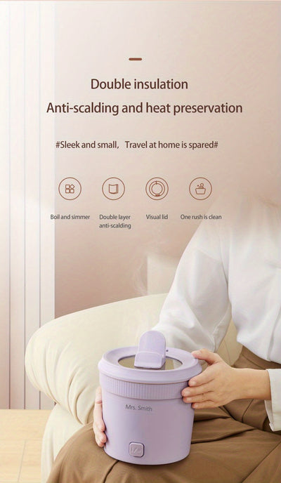 Mrs. Smith 6.3-Inch Electric Hot Pot with Mobile Phone Holder - 1L Capacity, Fast Heating 400W, Dual Temperature Control, Non-Stick, PP Material, Ideal for Frying, Stewing & Instant Noodles - Purple, Portable Hot Pot