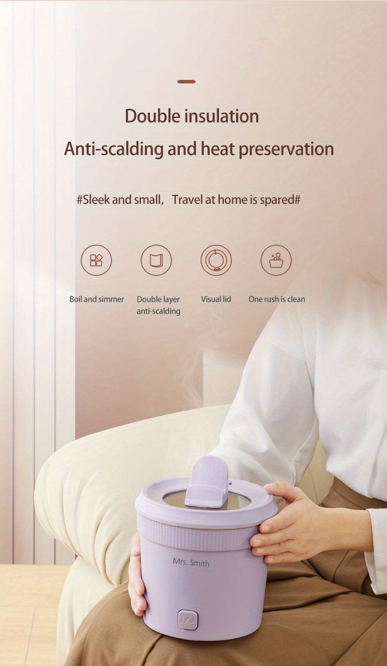 Mrs. Smith 6.3-Inch Electric Hot Pot with Mobile Phone Holder - 1L Capacity, Fast Heating 400W, Dual Temperature Control, Non-Stick, PP Material, Ideal for Frying, Stewing & Instant Noodles - Purple, Portable Hot Pot