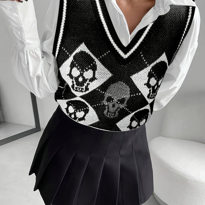 Women's Gothic White V-Neck Sleeveless Skull Sweater Vest - Black & White Cardigan with Skull Pattern, Layered Blazer-like Jacket for Spring Summer Fall, Casual & Themed Events (Hand Wash/Dry Clean)