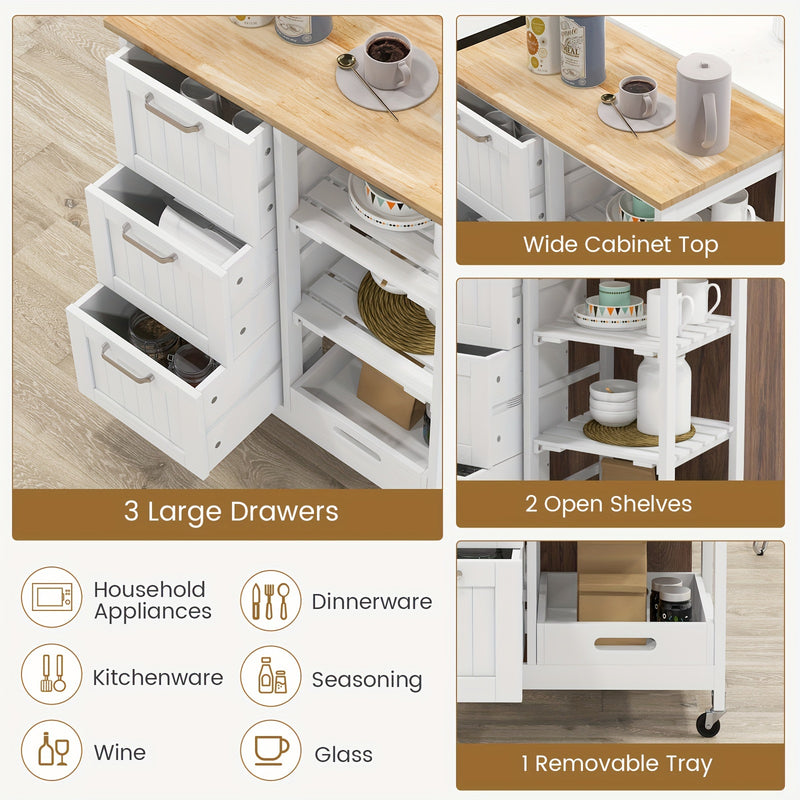 Costway Kitchen Island Cart Mobile Storage Organizer w/ 3 Large Drawers 2 Open Shelves