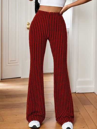Women'S Fashion Houndstooth Flare Leg Pants, High Waist Elastic Waistband, Knit Polyester Fabric, 95% Polyester 5% Elastane, 180g/m², Casual Bell Bottoms for Spring/Summer/Fall