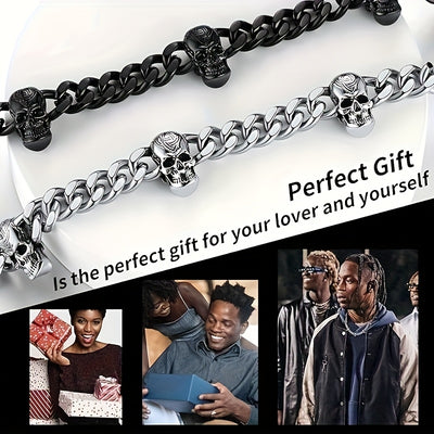 [Gothic Skull Necklace] Gothic Skull Necklace Collar - Black Stainless Steel Cuban Spliced Necklace with 7 Skulls, 9mm Width, Perfect for Halloween, Daily Wear, Music Festivals & Bar Accessories, Skull Jewelry