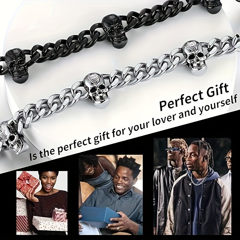 [Gothic Skull Necklace] Gothic Skull Necklace Collar - Black Stainless Steel Cuban Spliced Necklace with 7 Skulls, 9mm Width, Perfect for Halloween, Daily Wear, Music Festivals & Bar Accessories, Skull Jewelry