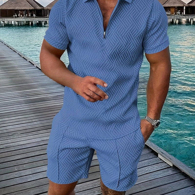 Mens 2Pcs Casual Summer Set - Breezy Short Sleeve Shirt with Matching Drawstring Shorts - Ideal for Vacation & Workout