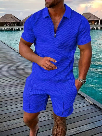 Mens 2Pcs Casual Summer Set - Breezy Short Sleeve Shirt with Matching Drawstring Shorts - Ideal for Vacation & Workout