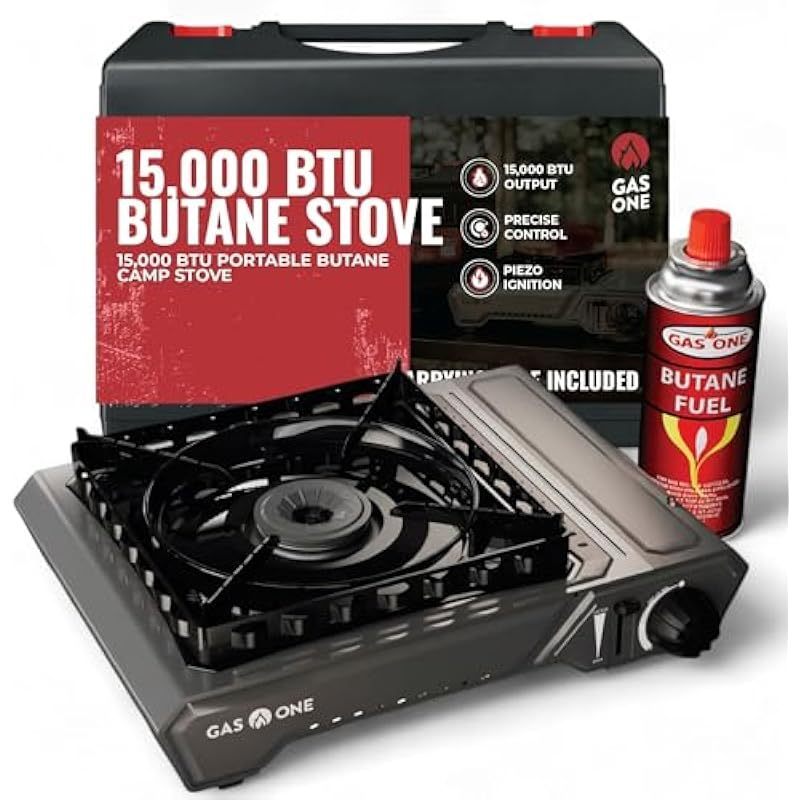 GasOne 15, 000 BTU Portable Butane Camping Stove with Case: Automatic Ignition, Precise Heat Control - Camping & Tailgating and Outdoor Cooking