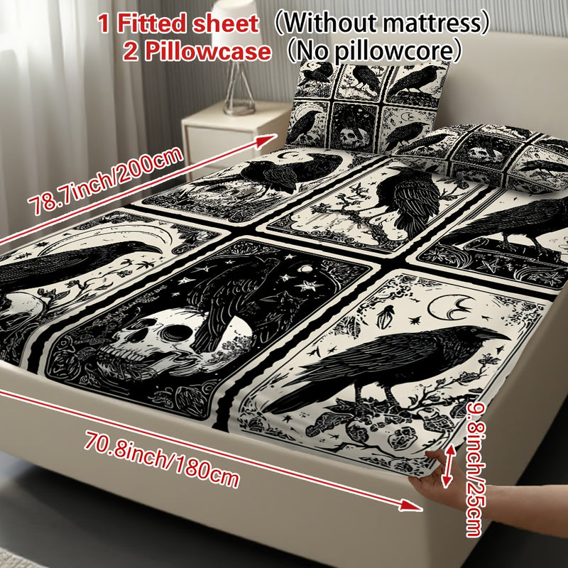 3pcs Gothic Raven Tarot Bedding Set - Deep Pocket Fitted Sheet & 2 Pillowcases, Black & White Raven Print with Tarot Card Motifs, Soft Breathable Fabric, Machine Washable, All-Season Comfort for Queen/King Size Beds, Gothic B