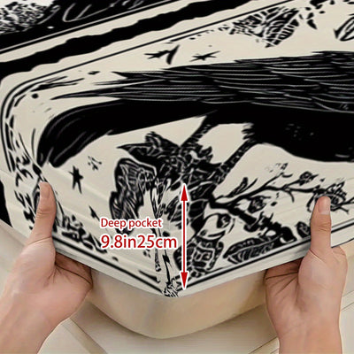 3pcs Gothic Raven Tarot Bedding Set - Deep Pocket Fitted Sheet & 2 Pillowcases, Black & White Raven Print with Tarot Card Motifs, Soft Breathable Fabric, Machine Washable, All-Season Comfort for Queen/King Size Beds, Gothic B