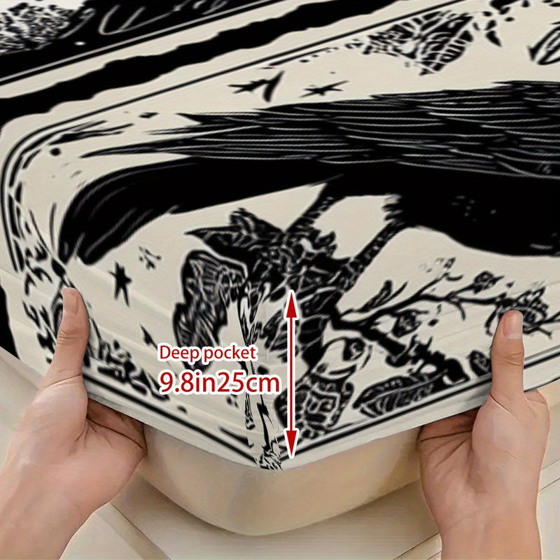 3pcs Gothic Raven Tarot Bedding Set - Deep Pocket Fitted Sheet & 2 Pillowcases, Black & White Raven Print with Tarot Card Motifs, Soft Breathable Fabric, Machine Washable, All-Season Comfort for Queen/King Size Beds, Gothic B