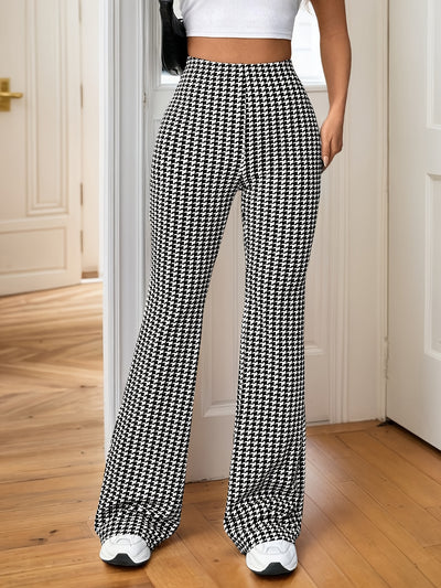 Women'S Fashion Houndstooth Flare Leg Pants, High Waist Elastic Waistband, Knit Polyester Fabric, 95% Polyester 5% Elastane, 180g/m², Casual Bell Bottoms for Spring/Summer/Fall