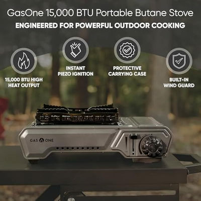 GasOne 15, 000 BTU Portable Butane Camping Stove with Case: Automatic Ignition, Precise Heat Control - Camping & Tailgating and Outdoor Cooking