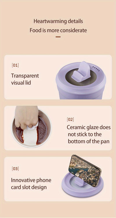 Mrs. Smith 6.3-Inch Electric Hot Pot with Mobile Phone Holder - 1L Capacity, Fast Heating 400W, Dual Temperature Control, Non-Stick, PP Material, Ideal for Frying, Stewing & Instant Noodles - Purple, Portable Hot Pot