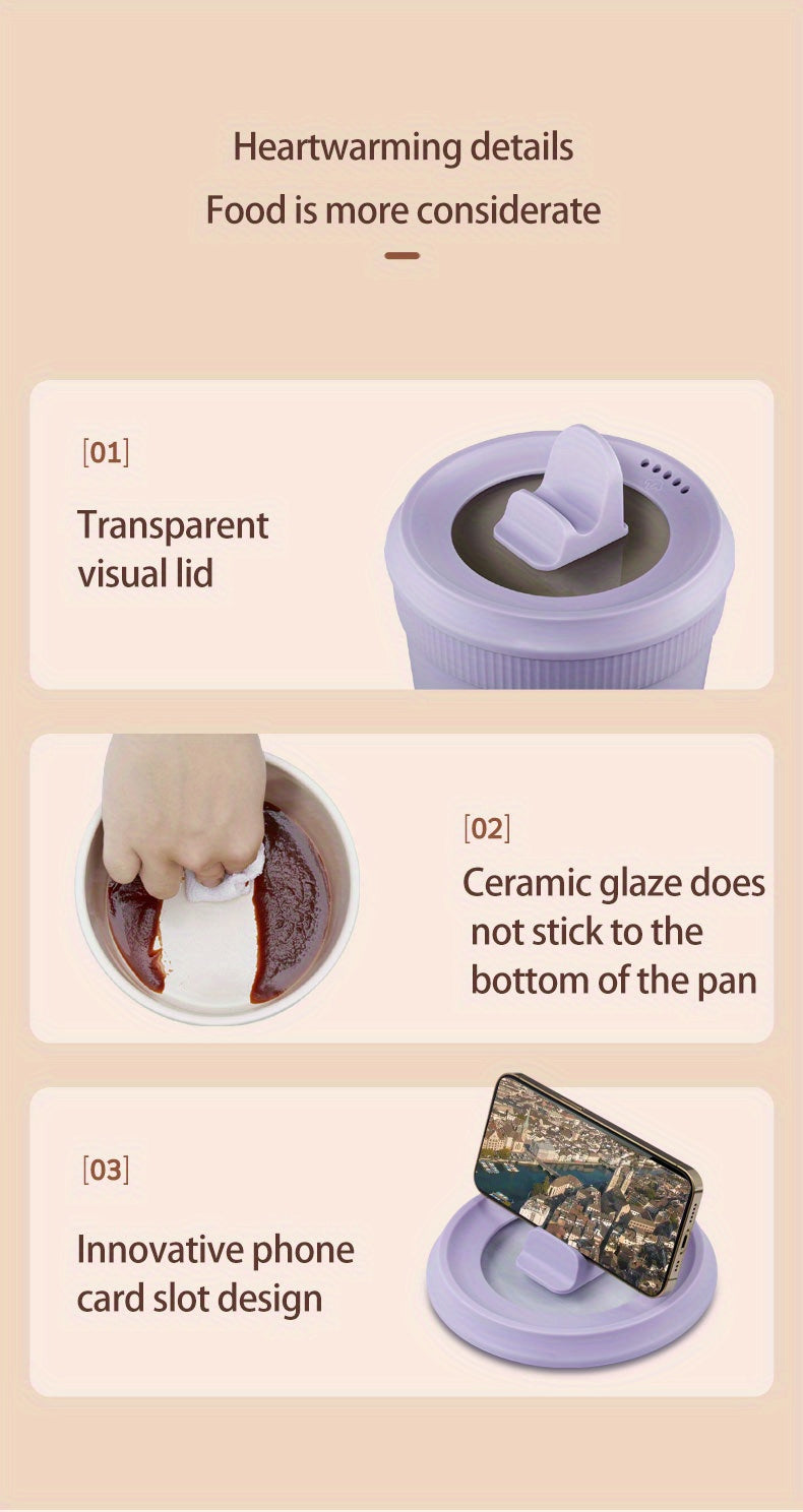 Mrs. Smith 6.3-Inch Electric Hot Pot with Mobile Phone Holder - 1L Capacity, Fast Heating 400W, Dual Temperature Control, Non-Stick, PP Material, Ideal for Frying, Stewing & Instant Noodles - Purple, Portable Hot Pot