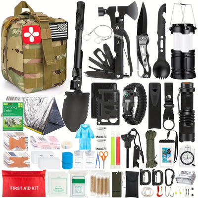 Survival Kit, 320pcs Survival Emergency Gear And Supplies with First Aid Kit Pouch, Emergency Kit with Tent, Camping Axe Hammer, Survival Shovel for Earthquake, Outdoor Adventure, Hiking, Hunting, Great Gift Idea for Men Wome