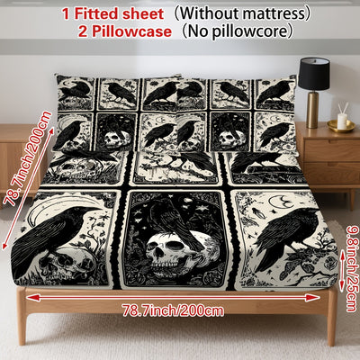 3pcs Gothic Raven Tarot Bedding Set - Deep Pocket Fitted Sheet & 2 Pillowcases, Black & White Raven Print with Tarot Card Motifs, Soft Breathable Fabric, Machine Washable, All-Season Comfort for Queen/King Size Beds, Gothic B