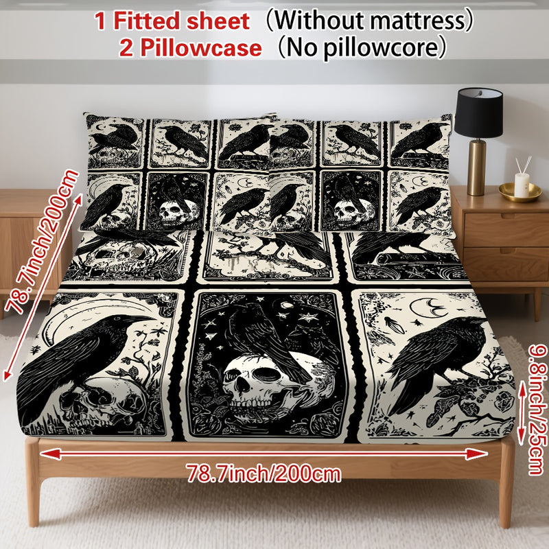 3pcs Gothic Raven Tarot Bedding Set - Deep Pocket Fitted Sheet & 2 Pillowcases, Black & White Raven Print with Tarot Card Motifs, Soft Breathable Fabric, Machine Washable, All-Season Comfort for Queen/King Size Beds, Gothic B