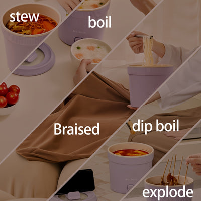 Mrs. Smith 6.3-Inch Electric Hot Pot with Mobile Phone Holder - 1L Capacity, Fast Heating 400W, Dual Temperature Control, Non-Stick, PP Material, Ideal for Frying, Stewing & Instant Noodles - Purple, Portable Hot Pot