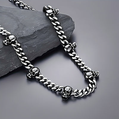 [Gothic Skull Necklace] Gothic Skull Necklace Collar - Black Stainless Steel Cuban Spliced Necklace with 7 Skulls, 9mm Width, Perfect for Halloween, Daily Wear, Music Festivals & Bar Accessories, Skull Jewelry