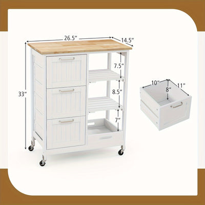 Costway Kitchen Island Cart Mobile Storage Organizer w/ 3 Large Drawers 2 Open Shelves