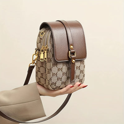 Retro Letter Pattern Crossbody Bag, Women's Flap Mobile Phone Bag, Multi Layer Shoulder Coin Purse