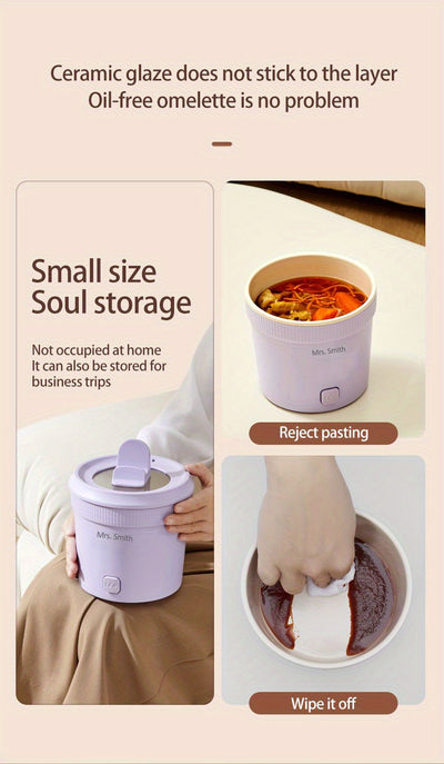 Mrs. Smith 6.3-Inch Electric Hot Pot with Mobile Phone Holder - 1L Capacity, Fast Heating 400W, Dual Temperature Control, Non-Stick, PP Material, Ideal for Frying, Stewing & Instant Noodles - Purple, Portable Hot Pot