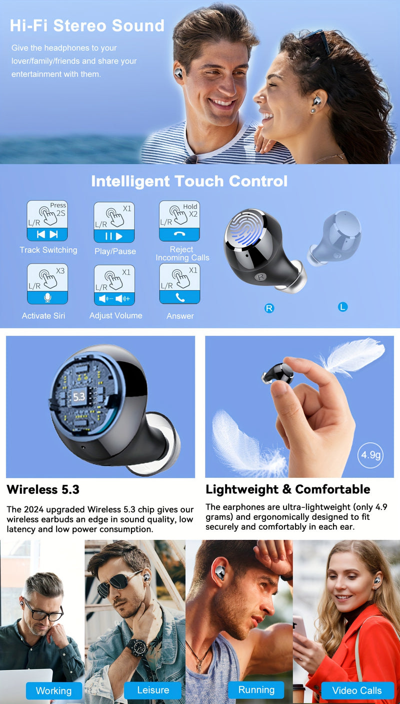 Headphones Wireless Wireless 5.3 with LED Power Display 120H In-Ear 2024 Waterproof Sports Wireless Headphones with Noise Reduction Microphone for iOS/Android Can Charge Mobile Phone Black